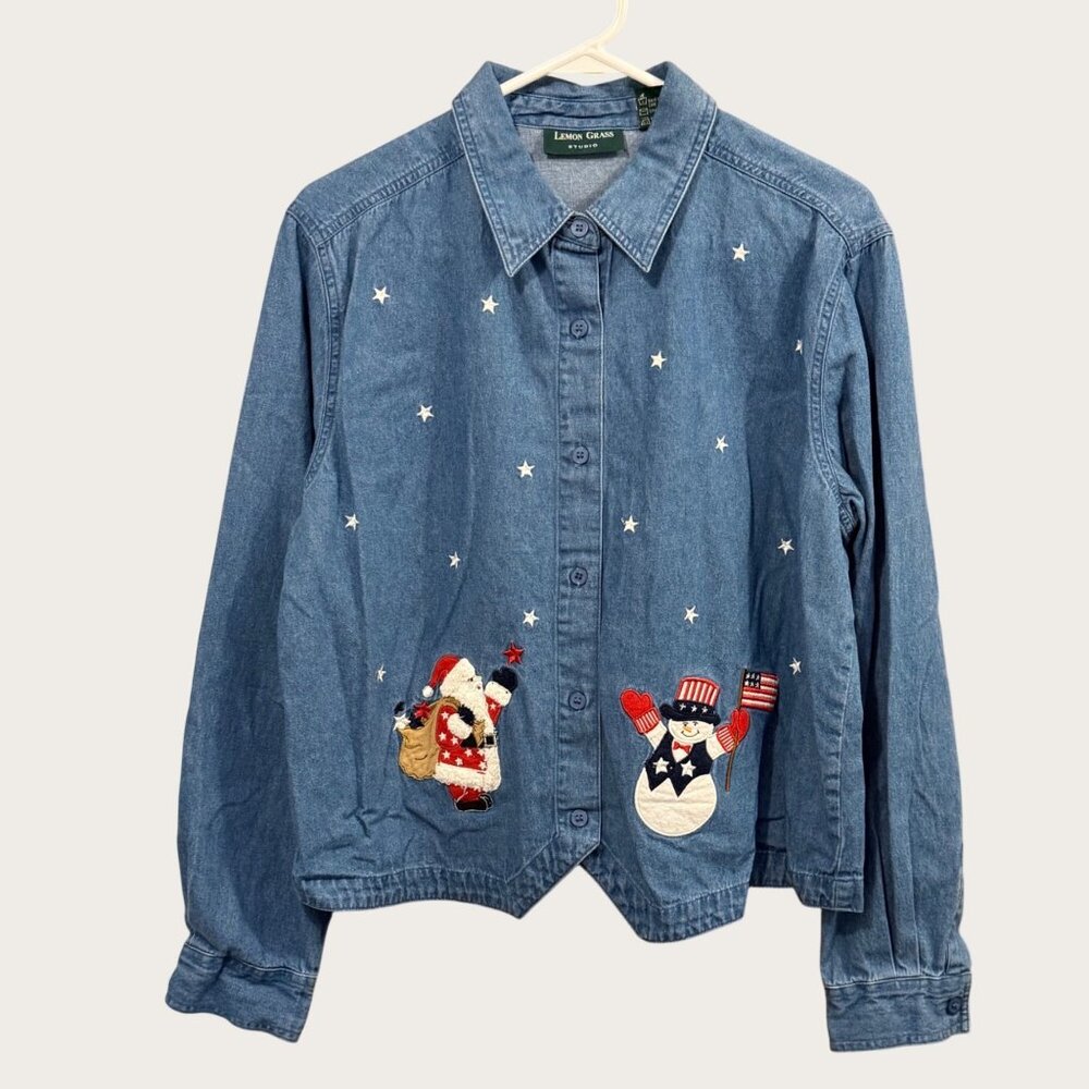 Lemon Grass Denim Shirt Patriotic Snowman Santa Embroidery Womens XL 100% Cotton